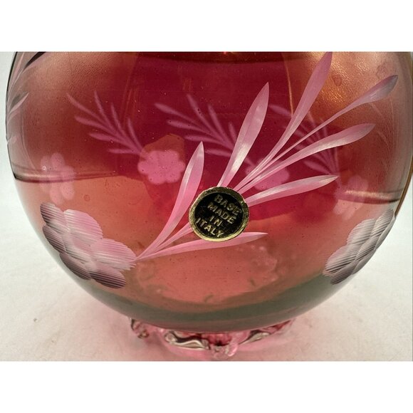 Floral Etched Cranberry Glass Lidded Candy Pedestal Made In Italy Vintage 9 In - Picture 4 of 12